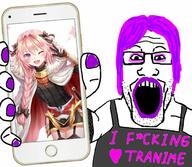 anime arm astolfo clothes eyeshadow fate_grand_order glasses hand holding_object holding_phone i_love iphone lipstick makeup open_mouth painted_nails phone pink_hair purple_hair soyjak stubble subvariant:phoneplier subvariant:phoneplier_vertical text tranny variant:markiplier_soyjak white_skin // 680x593 // 81.2KB