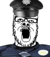 badge cap clothes glasses hat mustache open_mouth peaked_cap police police_hat soyjak stubble variant:a24_slowburn_soyjak // 661x750 // 301.2KB