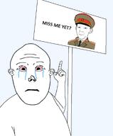 closed_mouth crying kuz kuzism miss_me_yet officer_cap pink_eyes pink_sclera pointing red_eyes red_sclera sign soviet_army_uniform variant:abortion_lover variant:kuzjak variant:vlodson white_background // 794x960 // 117.0KB