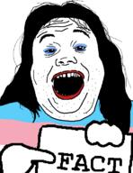 clothes fact flag hair hand holding_object lipstick makeup open_mouth soyjak stubble text tranny variant:alicia // 592x767 // 20.0KB