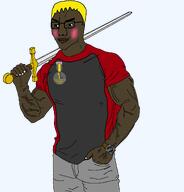 arm badge blush brown_skin buff closed_mouth clothes eyebrows full_body glasses hair hand holding_object holding_sword jawline leg lips looking_to_the_left muscles nate nose nusoi nusoicaca smile soot_colors soyjak_party stubble subvariant:hunky_twink_sex_machine sword text transparent_background variant:chudjak vein wrinkles wristwatch yellow_hair // 1834x1913 // 222.7KB