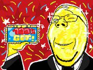 animated background bald beard bowtie colorful confetti gemmy get glasses golden holding_object object party shiny sign smoking soyjak stars subvariant:wholesome_soyjak text variant:gapejak // 250x250 // 624.7KB
