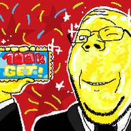 animated background bald beard bowtie confetti gemmy get glasses golden holding_object object party shiny sign smoking soyjak stars subvariant:wholesome_soyjak text trend:colorjak variant:gapejak // 250x250 // 624.7KB
