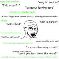 glasses greentext keto open_mouth soy soyjak soylent stubble text variant:soyak vegan // 1000x1000 // 122.5KB