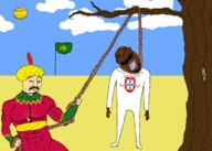 3soyjaks arm black_skin bloodshot_eyes buff closed_mouth clothes crying dagger drawn_background ear flag:portugal full_body glasses grass hand hanging holding_object holding_rope iran irl leg lynching nigger noose open_mouth outdoors persia portugal portugese_empire rope safavid smile smug soyjak stubble subvariant:wholesome_soyjak sun template tongue tree variant:bernd variant:chudjak variant:gapejak weapon yellow yellow_skin yellow_teeth // 2100x1500 // 303.3KB