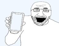 arm glasses hand holding_object holding_phone open_mouth phone soyjak stubble turkey_tom variant:unknown // 1147x894 // 142.8KB