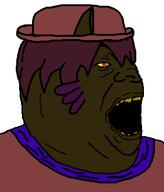 black_skin clothes ear hair hat jimbo_(namefag) looking_to_the_right meta:namefags oneshot open_mouth purple_shirt side_profile subvariant:alicia_side variant:alicia whisker white_background yellow_teeth // 343x402 // 8.8KB