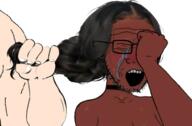 arm closed_eyes crying female glasses hair hand negro open_mouth rape soyjak stubble variant:soyak // 477x313 // 131.2KB