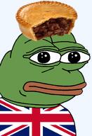 amphibian bald british closed_mouth clothes country flag flag:united_kingdom food frog green_skin irl lips looking_at_you nas:pepe neutral pepe_the_frog pie series:pepe_hat steak_pie tshirt united_kingdom // 1008x1479 // 558.9KB