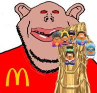 amerimutt artist:sectionalism bald brown_skin chicken_mcnugget clothes ear evil fat glove infinity_gauntlet lips mcdonalds mcnugget_buddies open_mouth red_eyes subvariant:impish_amerimutt subvariant:impish_front teeth toy variant:impish_soyak_ears // 457x439 // 169.0KB