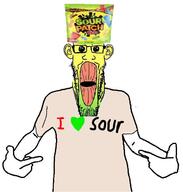 arm candy clothes ear flavorjak food glasses green hand hat incomprehensible_woahjack oh_my_god_she_is_so_attractive open_mouth pointing sour sour_candy sour_patch_kids soyjak stretched_mouth stubble tshirt variant:markiplier_soyjak variant:shirtjak yellow yellow_skin // 618x647 // 73.3KB