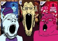 3soyjaks antenna blue blue_skin boo_berry bowtie brown_hair cereal cereals clothes count_chocula ear food franken_berry glasses hair halloween hat monster_cereals open_mouth pink pink_skin soyjak stretched_mouth stubble trend:soyjak_trio variant:gapejak variant:markiplier_soyjak variant:tony_soprano_soyjak white_skin // 1596x1128 // 1.2MB