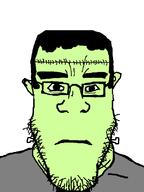 closed_mouth frankenstein's_monster glasses green_skin grey_shirt hair monster neutral remastered soyjak stubble subvariant:neutralplier variant:markiplier_soyjak // 600x800 // 23.2KB