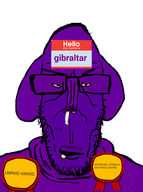 bloodshot_eyes dog_ear drool ear gibraltar gibraltar_(user) glasses hello_my_name_is_(sticker) janny meta:leaky meta:namefags moderator open_mouth purple_skin snot_niglet subvariant:euromutt variant:markiplier_soyjak // 576x774 // 115.4KB