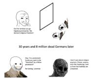 christianity clothes evil_wojak feather germany glasses hat history meme mustache open_mouth protestant smug soyjak stubble text variant:gapejak variant:wojak withered // 1466x1246 // 468.6KB