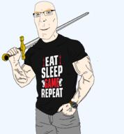 a10_eyes aryan bald blond blond_eyebrows clothes gamer gaming glasses nose shorts smile soyjak subvariant:teutonson sword tshirt variant:cobson watch white_skin // 1834x1978 // 350.3KB