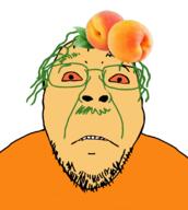 food foodjak frown fruit glasses green_eyebrows green_hair green_mustache hair mustache orange_eyes orange_skin peach series:fruiterz! soyjak stubble variant:bernd // 998x1113 // 286.2KB