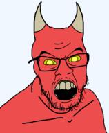 demon hair horn mustache open_mouth red_skin soyjak stubble teeth transparent_background variant:feraljak yellow_eyes yellow_sclera // 1024x1246 // 92.7KB