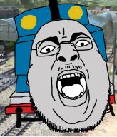 fat glasses grey_skin irl_background mustache open_mouth soyjak stubble thomas_(thomas_and_friends) thomas_the_tank_engine train variant:chugsjak // 1409x1647 // 1.7MB