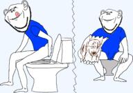 3soyjaks arm clothes ear full_body glasses hand holding_object leg open_mouth paper poop poopjak smile soyjak stubble toilet tongue tshirt variant:impish_soyak_ears variant:soyak // 1527x1077 // 6.3MB