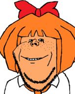 clothes hair hair_ribbon mymy ongezellig orange_hair orange_skin smile soyjak stubble variant:impish_soyak_ears // 741x929 // 86.0KB