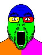 glasses mustache open_mouth soyjak stubble thick_eyebrows trend:colorjak variant:flartson // 408x524 // 11.4KB