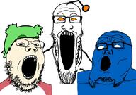 3soyjaks 4chan anime antenna beard blue_skin clothes discord glasses green_hair hair no_eyes open_mouth orange_eyes reddit soyjak soyjak_trio stubble variant:gapejak variant:markiplier_soyjak variant:tony_soprano_soyjak white_skin yotsoyba // 1026x720 // 83.7KB