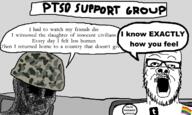 camouflage clothes combat_helmet drawn_background flag glasses hat helmet hollow lgbt military mustache open_mouth ptsd soyjak speech_bubble stubble text toss tumblr variant:a24_slowburn_soyjak wojak // 1500x900 // 773.1KB