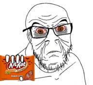 angry animated bloodshot_eyes candy eyebags glasses halloween kit_kat orange orange_(fruit) soyjak stubble tired variant:feraljak // 924x845 // 2.4MB