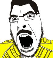 angry brown_eyes clothes freddie_mercury glasses hair jacket mustache queen soyjak stubble variant:cobson yellow // 721x789 // 48.7KB