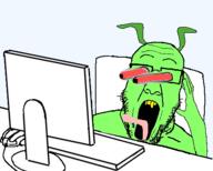 alien antenna computer computer_mouse green_skin hand hands_up red_sclera sitting subvariant:ppplier tongue variant:markiplier_soyjak variant:ppp yellow_teeth // 452x363 // 62.2KB