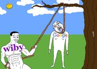 3soyjaks arm bloodshot_eyes buff closed_mouth clothes crying drawn_background ear full_body glasses google grass hand hanging holding_object holding_rope irl leg lynching muscles noose open_mouth outdoors rope sky smile smug soyjak stubble subvariant:wholesome_soyjak suicide sun tongue tree variant:bernd variant:chudjak variant:gapejak wiby yellow yellow_skin yellow_teeth // 2100x1500 // 173.2KB