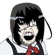 angry anime another_(anime) bowtie brown_eyrs clothes eyepatch female hair misaki_mei open_mouth soyjak stubble variant:feraljak white_skin // 1500x1500 // 51.0KB