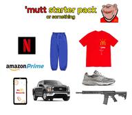 amazon amerimutt ar15 brown_skin car clothes ear ford ford_f-series gun lips logo mcdonalds netflix smile sneakers starter_pack subvariant:impish_amerimutt text tshirt united_states variant:impish_soyak_ears weapon // 1580x1372 // 332.3KB