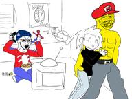 batman beanie buff cereal clothes female glasses hair hat mario open_mouth playstation poster ring sony soyjak spiderman stubble television variant:soyak yellow_skin // 3312x2480 // 1.4MB