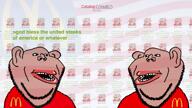 amerimutt animated brown_skin ear flag imageboard lips looking_at_each_other mcdonalds screenshot sound soyjak soyjak_party subvariant:impish_amerimutt text text_to_speech united_states variant:impish_soyak_ears video // 1920x1080, 39.4s // 27.8MB