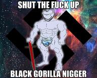 2soyjaks blue_skin buff censored ear fist full_body gem holding_object meme nigger smile soyjak space stubble swastika sword text variant:impish_soyak_ears // 740x596 // 82.6KB