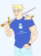 4chan animal anime arm aryan_chad bant_(4chan) blue_eyes brimmiest_comments_section☣️☣️☣️_do_not_enter☣️☣️☣️ buff clothes frog glasses grape gyate_gyate hair hand holding_object holding_sword pepe smile smug sonnenrad soup soyjak sword text touhou variant:chudjak video_game weapon whale white_skin yellow_hair yotsoyba // 1514x2070 // 175.4KB
