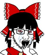 anime bloodshot_eyes bowtie clothes crying female glasses hair hakurei_reimu hand open_mouth soyjak stubble touhou variant:soyak video_game // 848x1039 // 200.7KB