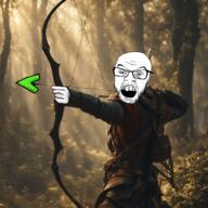 angry arrow artist:doddermod bag bags_under_eyes_under bow bush clothes eyebags finger forest full_body glasses green_arrow greentext hand irl leaf leaves meme_arrow open_mouth plant quiver shadow soyduel soyjak stubble thick_eyebrows tree variant:feraljak weapon wood // 1024x1024 // 1.2MB