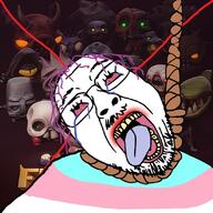 bloodshot_eyes crying fiend_folio glasses hanging isaac open_mouth purple_hair rope soyjak stubble suicide the_binding_of_isaac tongue tranny variant:bernd // 822x822 // 181.1KB