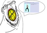 2soyjaks angry arm clenched_teeth dance distorted ear full_body gangnam_style glasses hand leg mustache open_mouth push_pin screenshot soyjak soyjak_party speech_bubble sticky stubble text variant:cobson variant:feraljak yellow_teeth // 2104x1500 // 636.8KB