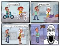 4panel bag bicycle book brown_skin clothes comic glass glasses hrt locker multiple_soyjaks open_mouth soyjak stubble subvariant:wholesome_soyjak tranny variant:gapejak variant:impish_soyak_ears variant:markiplier_soyjak // 1142x888 // 420.3KB