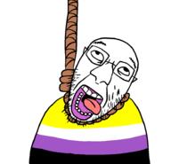 anhero artist:kernung flag flag:non-binary_pride_flag glasses hanging lgbt non-binary open_mouth pride_flag rope soyjak stubble suicide tongue variant:rizzjak // 932x897 // 15.6KB