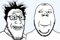 2soyjaks alternate are_you_soying_what_im_soying glasses hair happy looking_at_each_other raised_eyebrow smile stubble subvariant:gapejak_front subvariant:threefourthsplier subvariant:wholesome_soyjak variant:gapejak variant:markiplier_soyjak // 1200x800 // 78.8KB