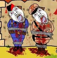 2soyjaks anarchism blood bloodshot_eyes clothes communism crying drawn_background full_body glasses hammer_and_sickle hat open_mouth rope soyjak spain spanish_civil_war stubble tongue variant:bernd yellow_teeth // 321x328 // 36.8KB