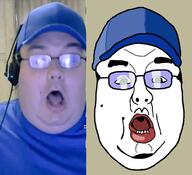 acerthorn clothes fat glasses hat headphones irl lips open_mouth soyjak streamer tshirt variant:unknown // 1120x1019 // 819.6KB