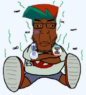 clothes crossed_arms dark_skin esl fnf_pedo green_hair hat pedophile shoe sitting subvariant:chudplier variant:markiplier_soyjak // 233x255 // 19.6KB