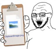 arm clipboard clipboardimage clothes crazed filename glasses hand holding_object open_mouth soyjak stubble subvariant:soyak_(crazed) tshirt variant:soyak // 680x593 // 285.3KB