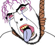 dead glasses hanging lipstick open_mouth rope soyjak stubble suicide template tranny variant:cobson yellow_teeth // 768x719 // 24.8KB